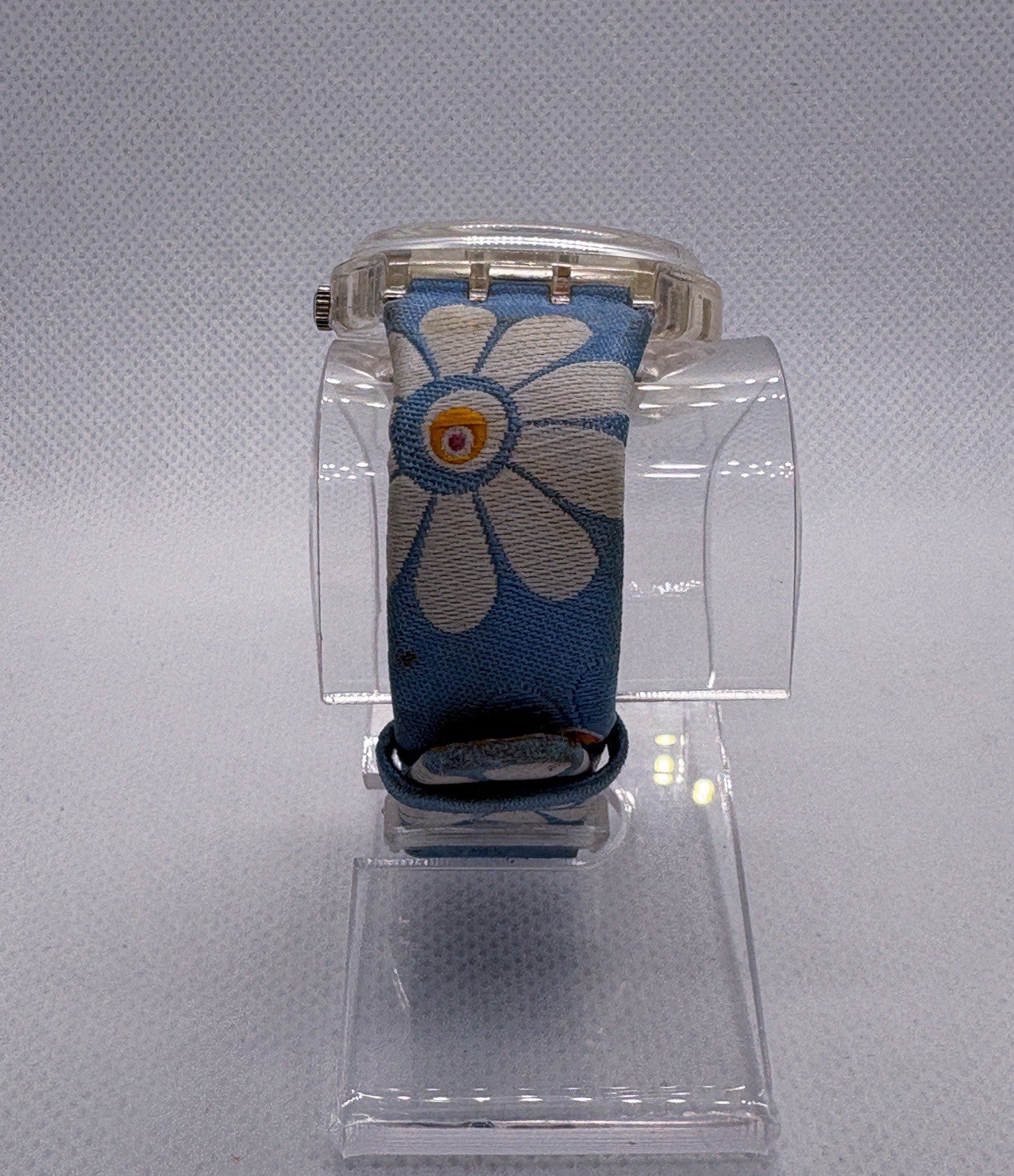 Swatch Happy Field Watch Silver Face Embroidered Flowers Band Clear Case GE146