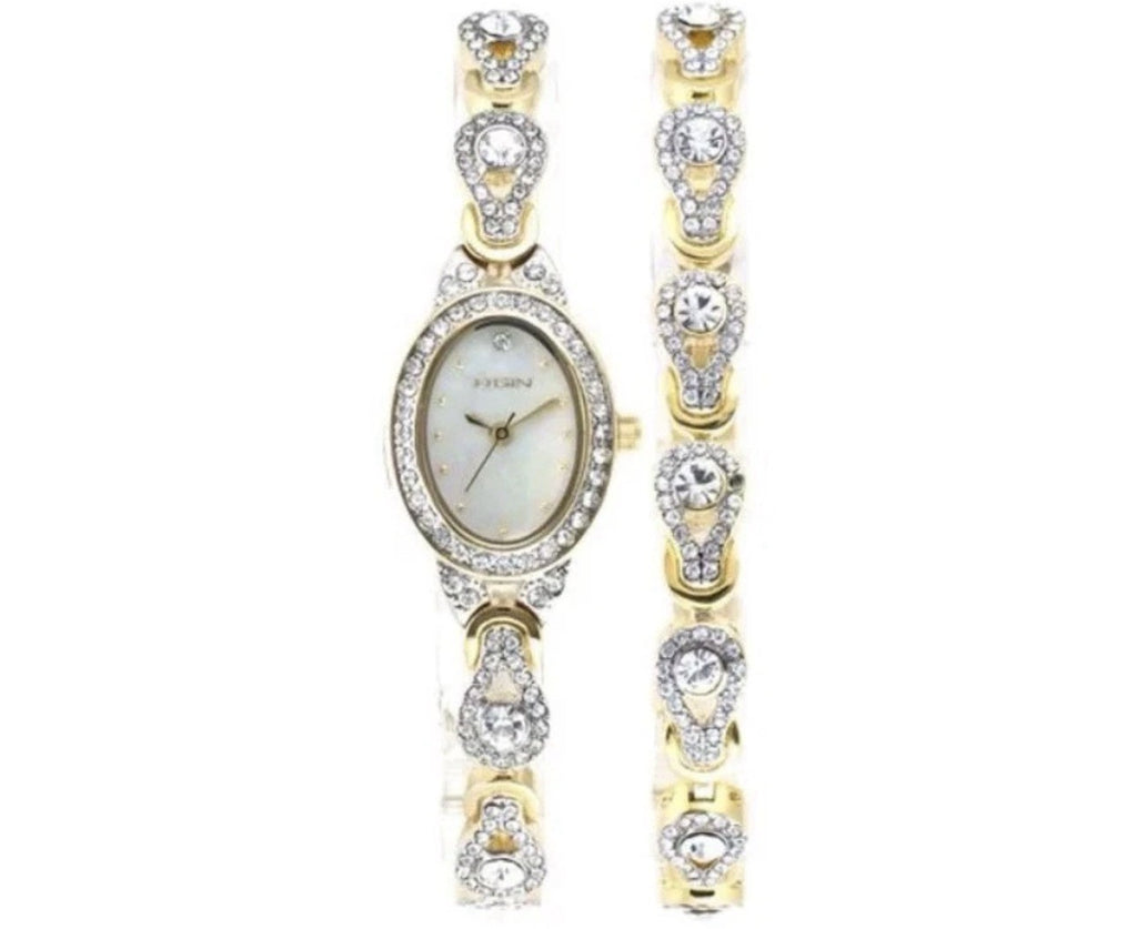 Elgin EG8013STB Woman Analog Watch with Oval Mother of Pearl Dial, 2pc Set