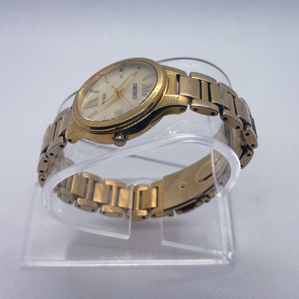 Seiko Women's Solar Gold Tone Dress Watch V137 Date - Fits Max 5.75" Wrist