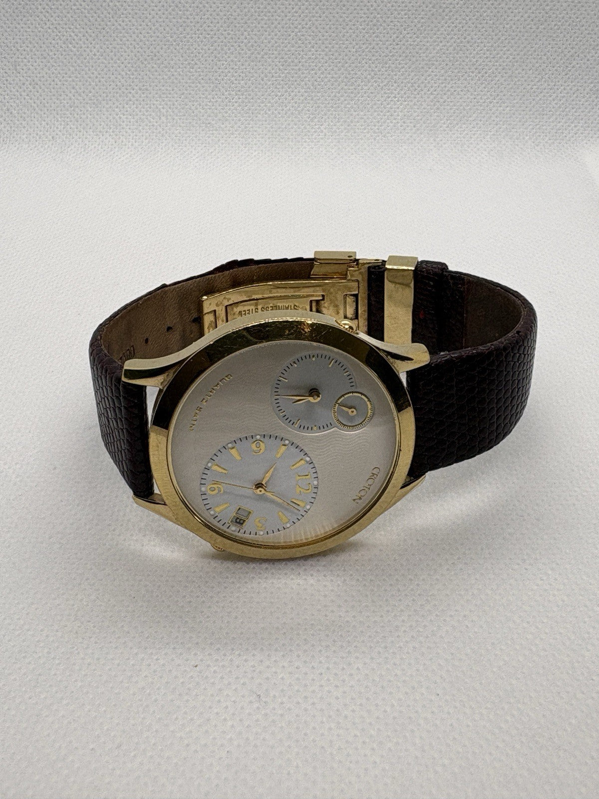 Croton Dual Time Japan MVT Cream Dial Genuine Brown Leather Band