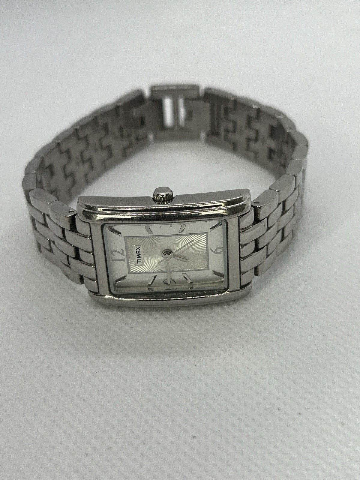 Timex Women T2N046 Fashion Silver Tone Rectangular Quartz Analog 21mm Watch 7"