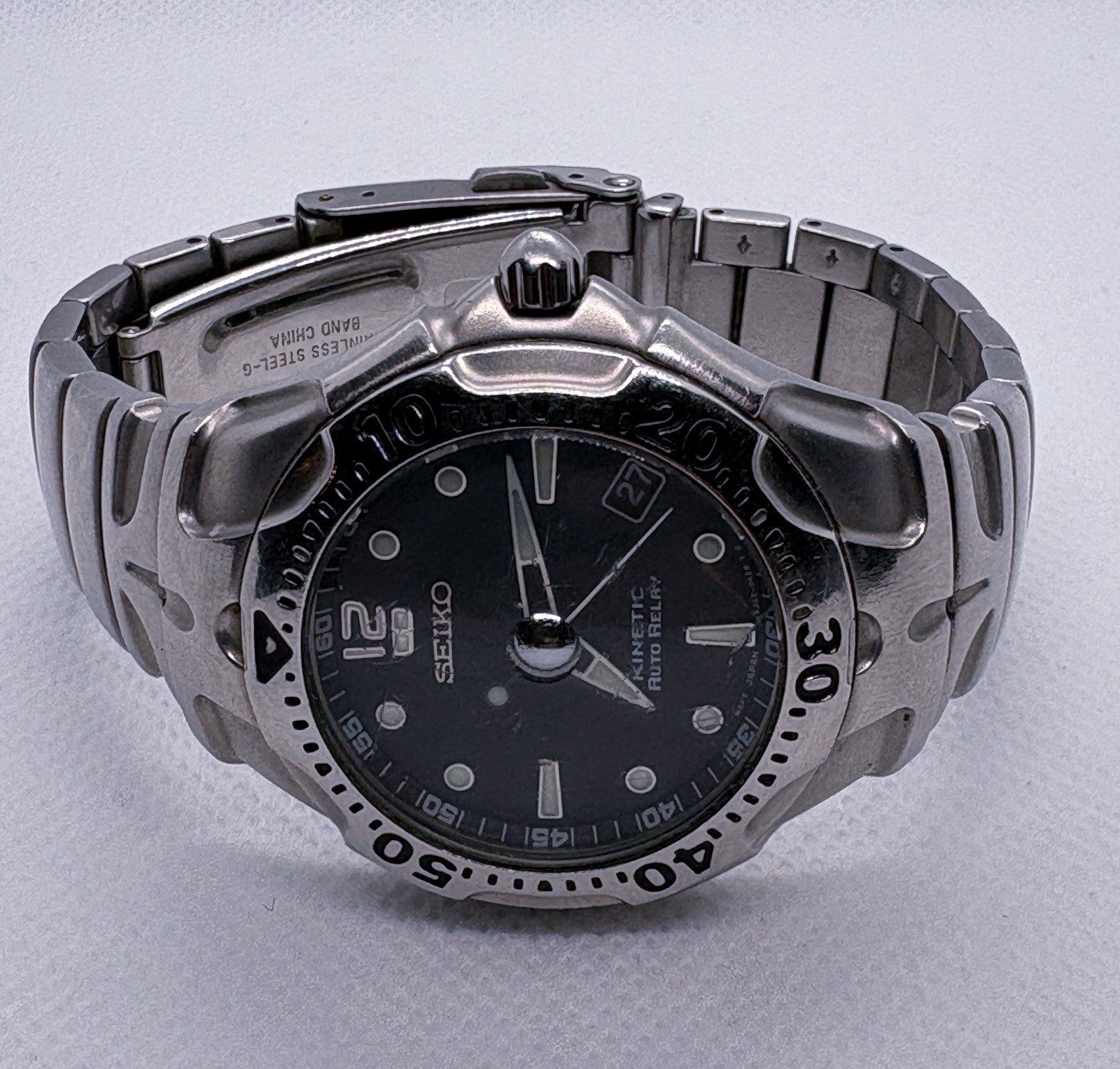 Vintage Seiko Kinetic Auto Relay 5J22-0A50 Diver 40mm Black Dial Silver Case