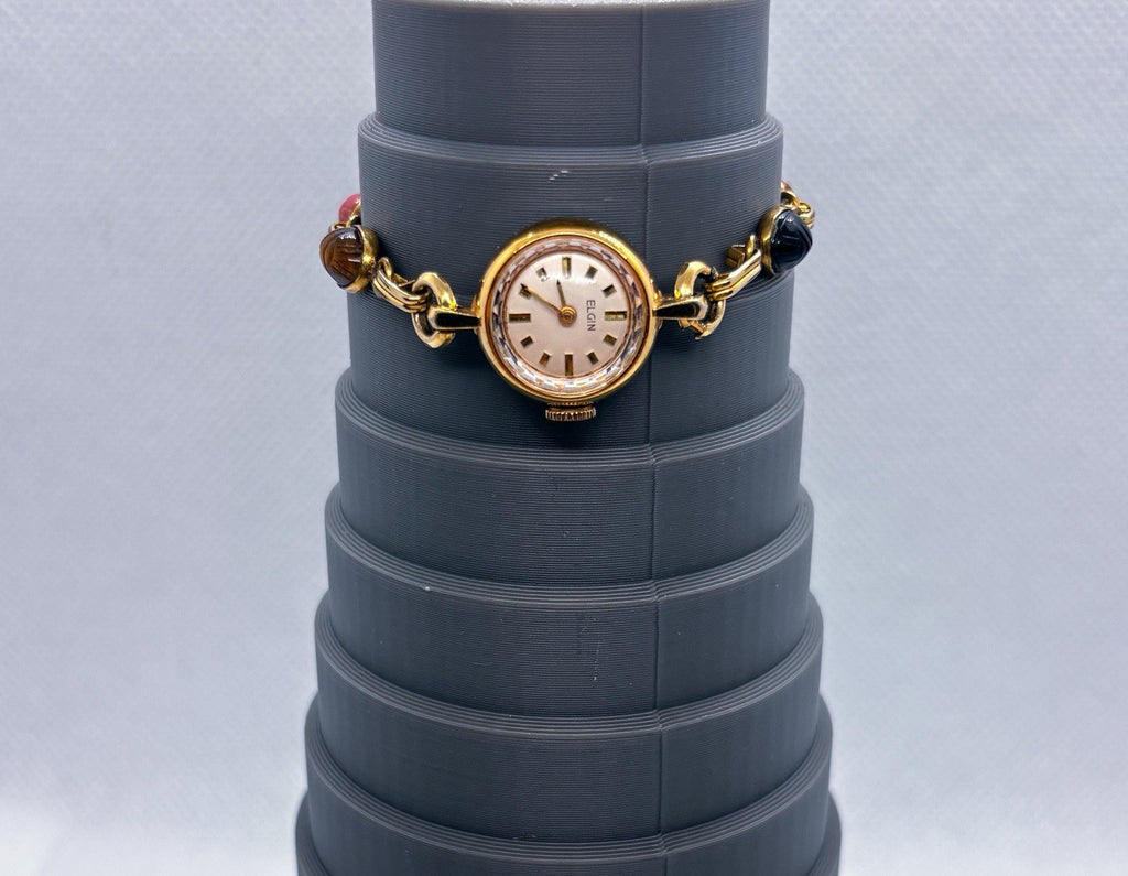 Vintage Elgin Mechanical Ladies Watch 10K RGP Scarab Beetle Gemstone Bracelet