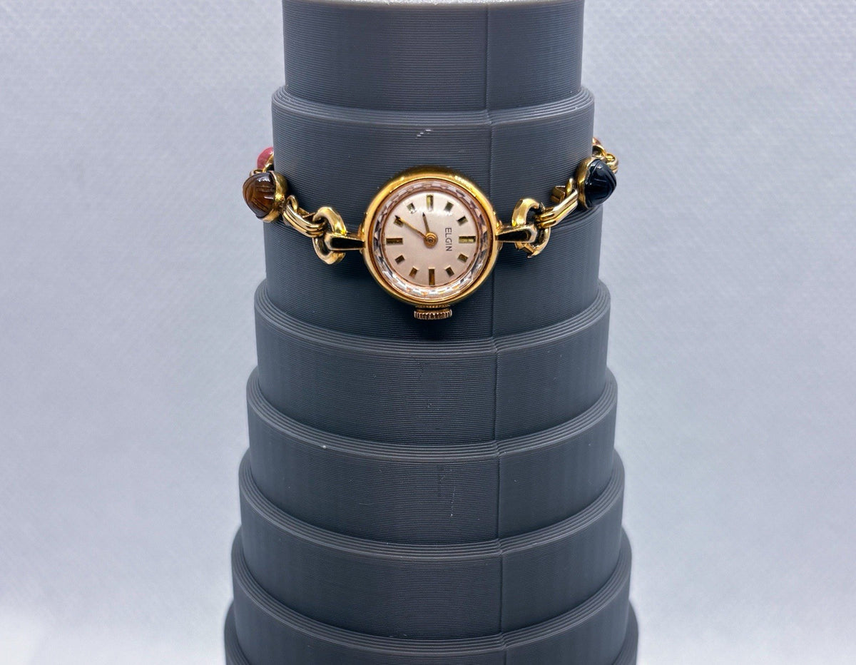 Vintage Elgin Mechanical Ladies Watch 10K RGP Scarab Beetle Gemstone Bracelet