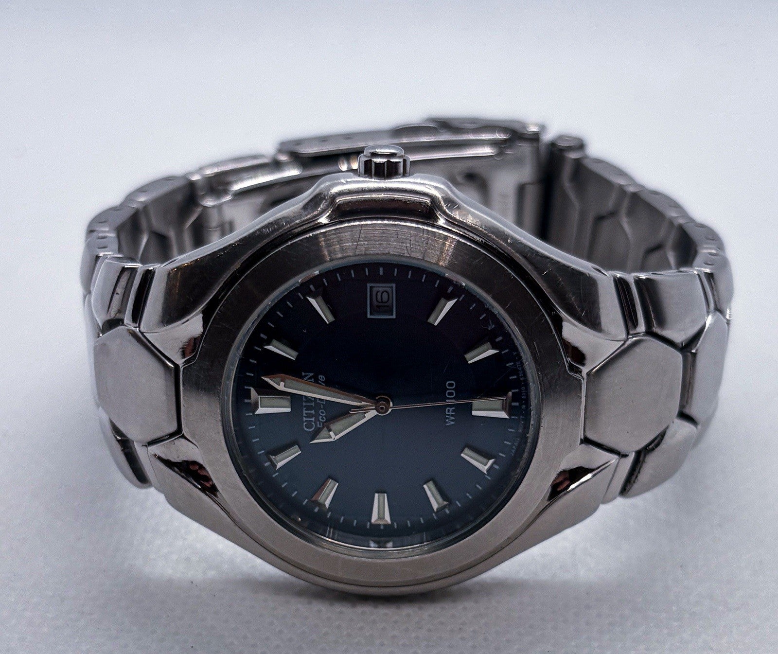 Citizen Eco-Drive E110-K16385 Blue Dial 37mm Hex Link SS Men's Watch 6.5” Wrist