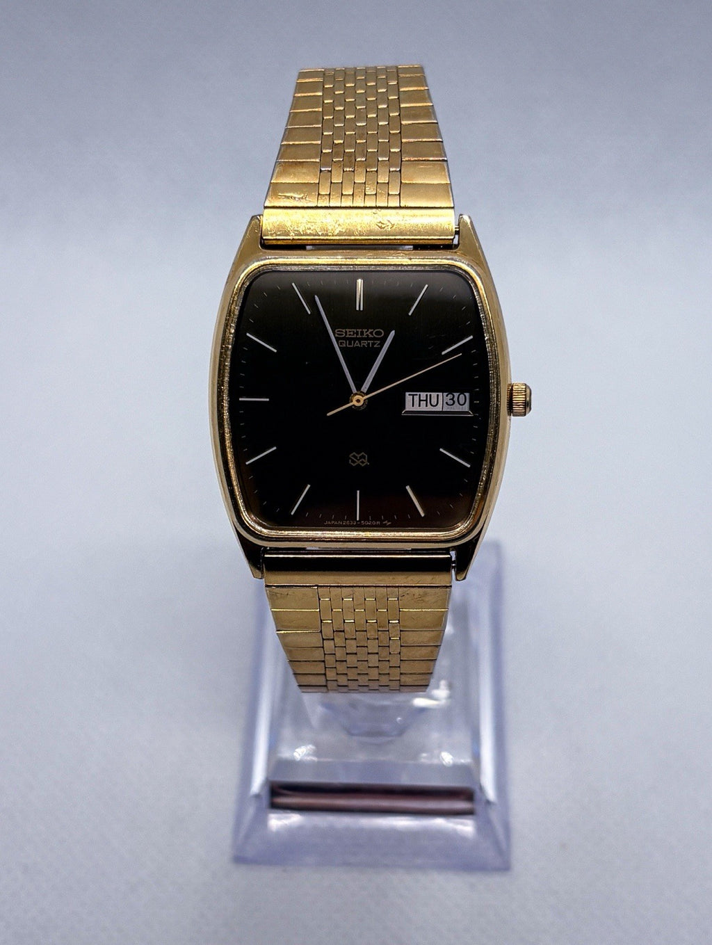 Vintage 1978 Seiko SQ Quartz Watch 2633-5029 Gold Tone Black TV Dial Day Date