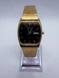Vintage 1978 Seiko SQ Quartz Watch 2633-5029 Gold Tone Black TV Dial Day Date