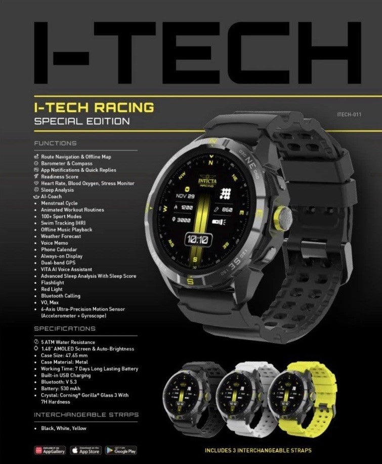 Invicta I-Tech(011)  Racing Limited Edition Smart Watch 58mm 3 Bands iOS/Android
