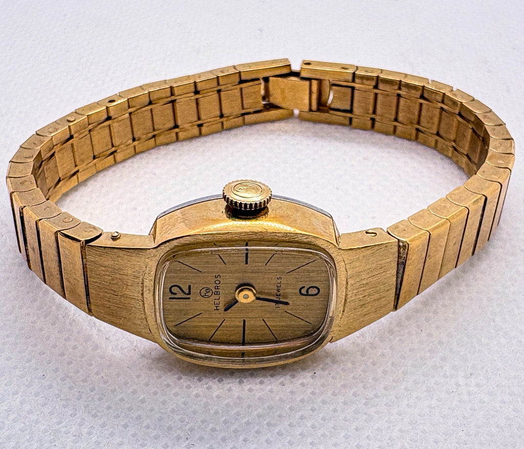Vintage 1970s Helbros Ladies Watch 17 Jewel Manual Wind Gold Tone Cushion