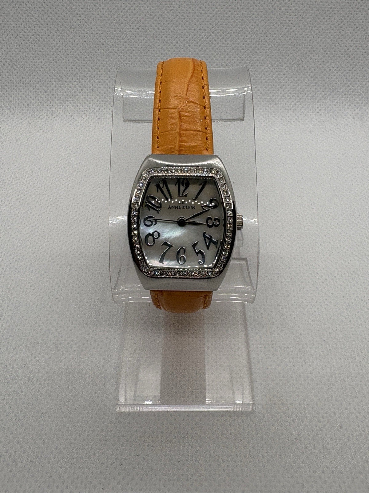 ANNE KLEIN Ladies Watch Mother Of Pearl Dial Orange Leather Alligator Strap Gem