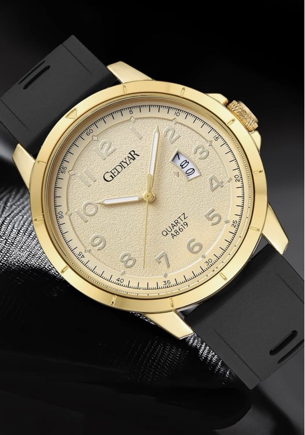 Gediyar Men’s Quartz Watch Gold Case/Dial Black Silicone Band 45mm Case A8619