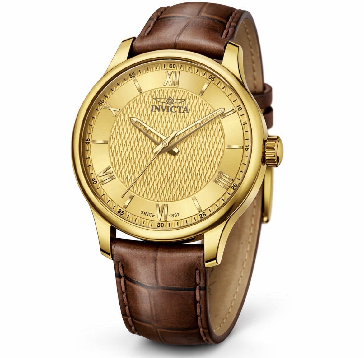 Invicta Celestial 43mm Model Number 50468 Gold Dial Stainless Steel Leather Band
