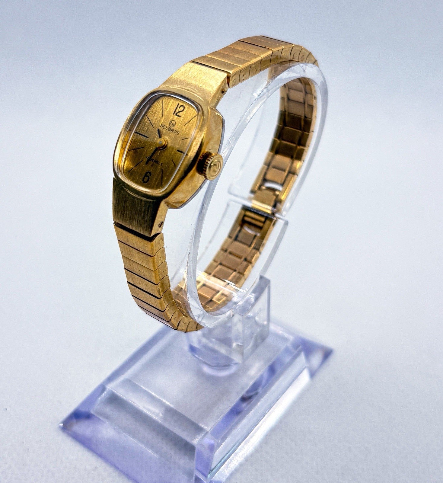 Vintage 1970s Helbros Ladies Watch 17 Jewel Manual Wind Gold Tone Cushion