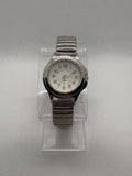 Ladies Silver Tone Stretchy Bracelet White Dial Easy Reader Analog Watch B2