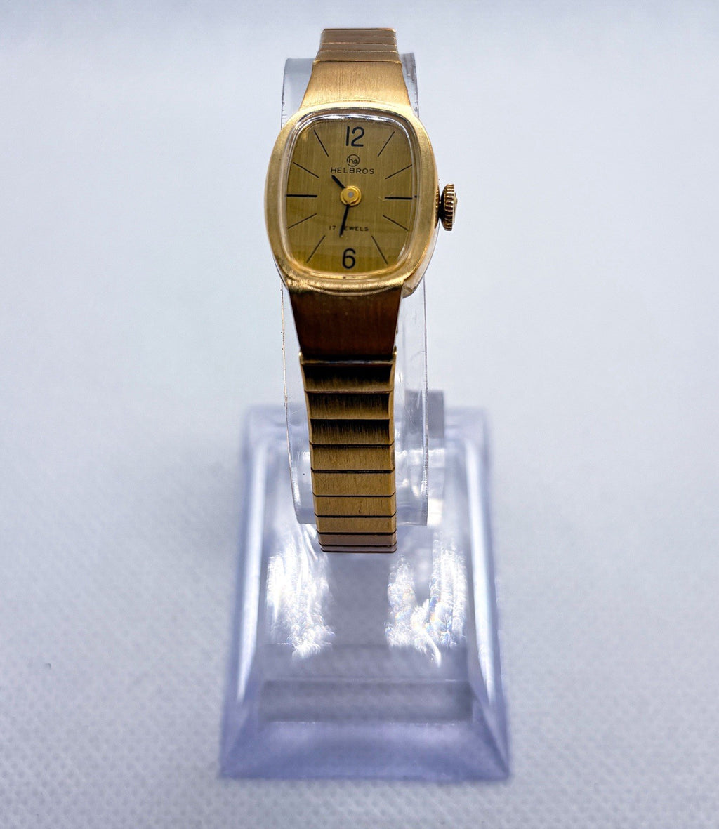 Vintage 1970s Helbros Ladies Watch 17 Jewel Manual Wind Gold Tone Cushion