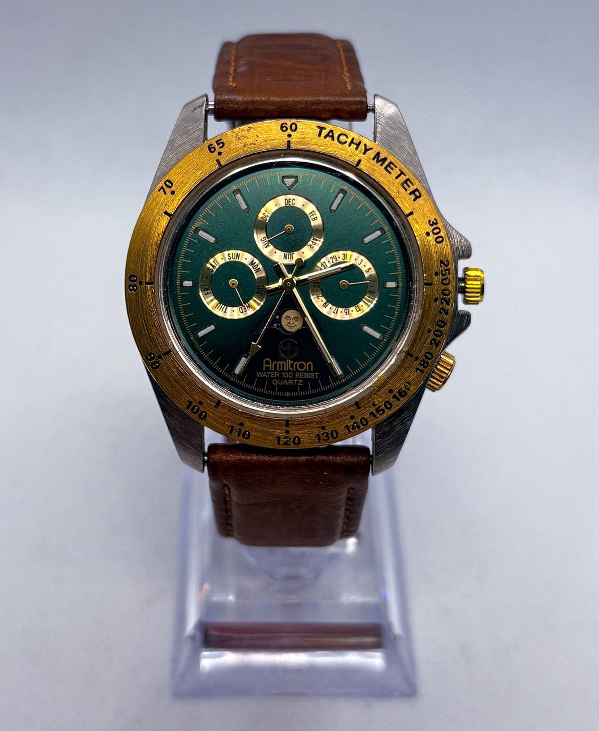 Vintage Armitron 20/2647 Moonphase Men's Watch Tachymeter Green Dial Day Date