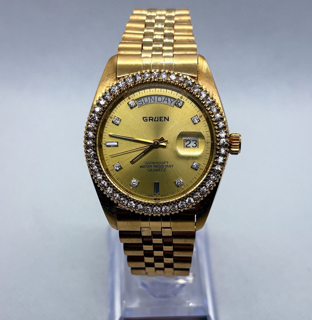 Vintage Gruen President Day Date Quartz Gold Tone Iced Bezel Crystal Men's Watch