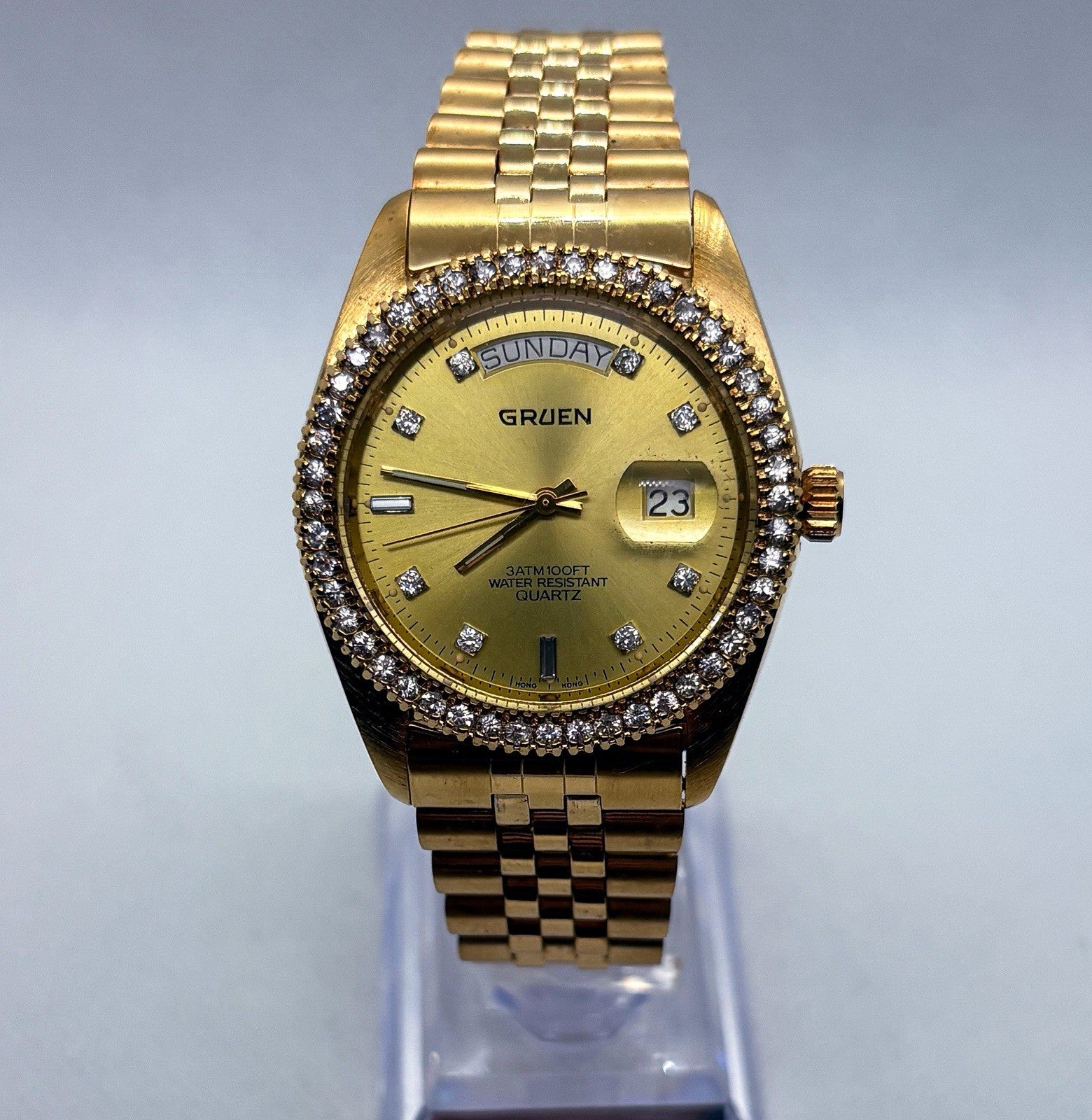 Vintage Gruen President Day Date Quartz Gold Tone Iced Bezel Crystal Men's Watch