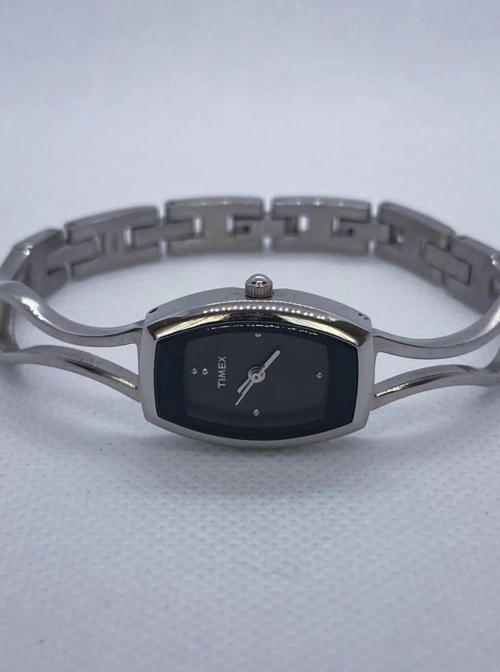 Timex Womens Watch Silver Tone Bangle 18mm Black Dial Tonneau New Battery