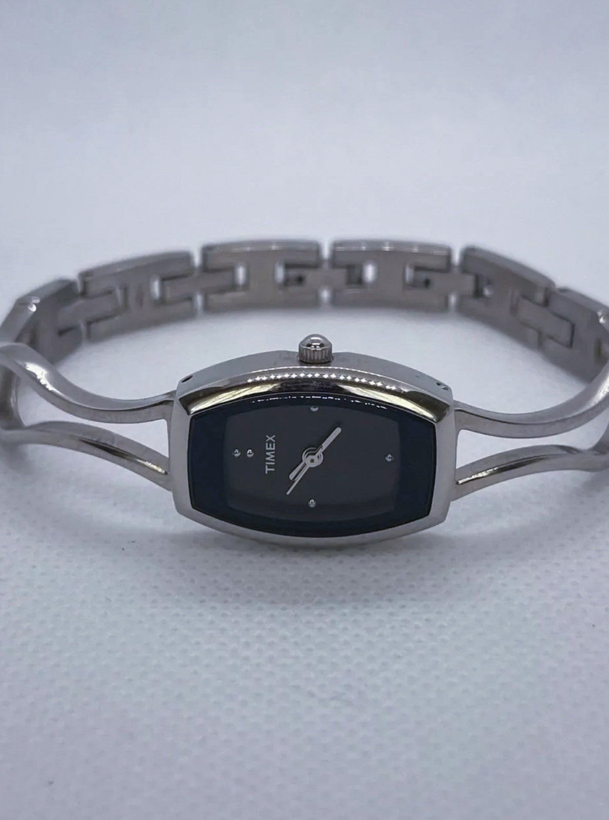 Timex Womens Watch Silver Tone Bangle 18mm Black Dial Tonneau New Battery