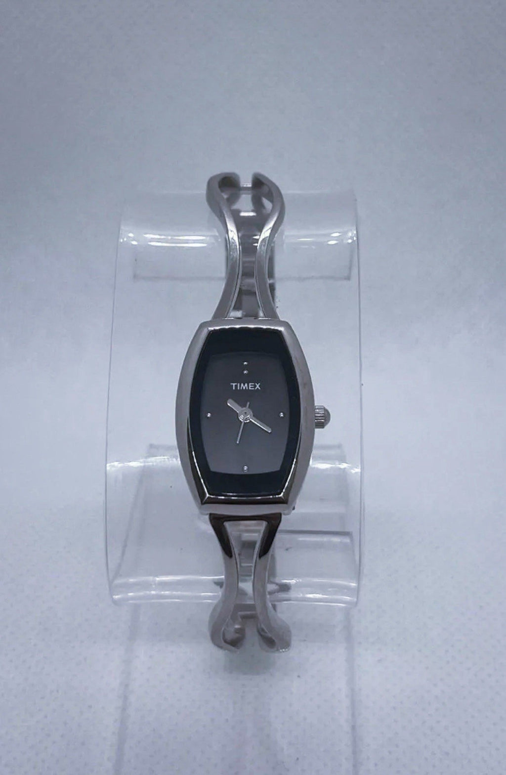 Timex Womens Watch Silver Tone Bangle 18mm Black Dial Tonneau New Battery