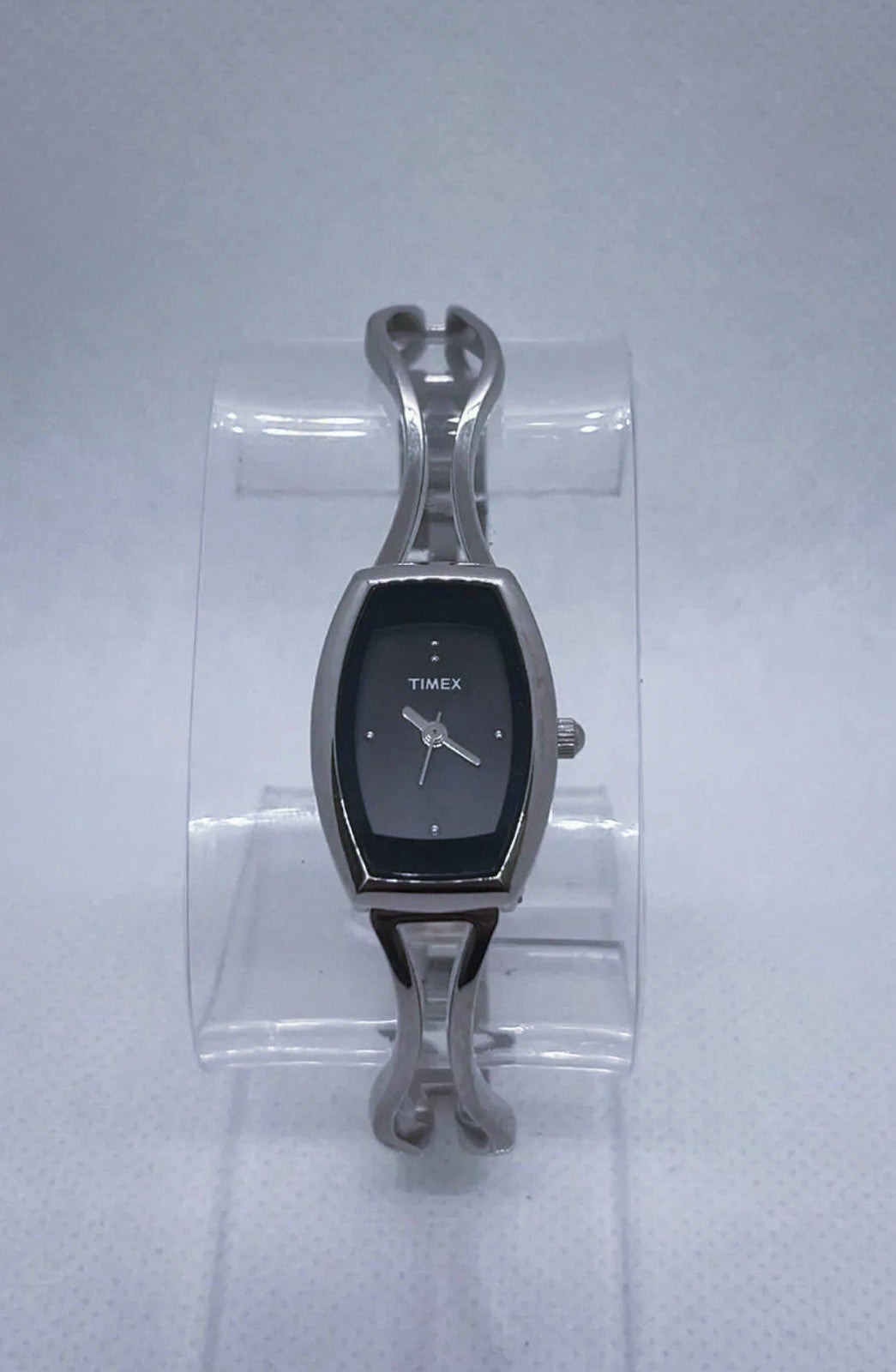 Timex Womens Watch Silver Tone Bangle 18mm Black Dial Tonneau New Battery