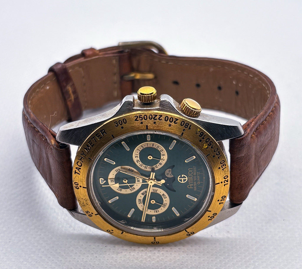 Vintage Armitron 20/2647 Moonphase Men's Watch Tachymeter Green Dial Day Date