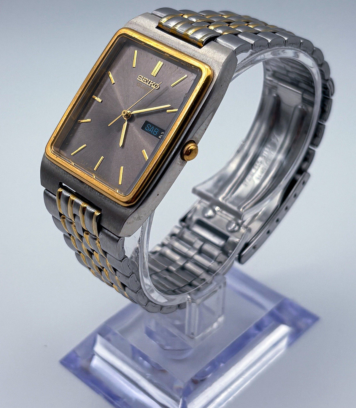 Vintage 1993 Seiko Quartz Two Tone Tank Watch Grey Dial Day Date 7N33-5A09 [R1]