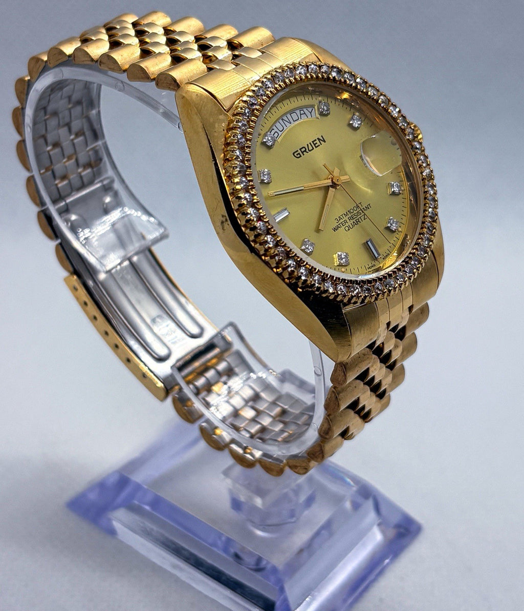 Vintage Gruen President Day Date Quartz Gold Tone Iced Bezel Crystal Men's Watch