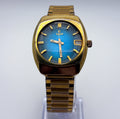 Vintage 1970s Elgin Automatic 17J Cushion Gold Watch Blue Starburst Dial Run