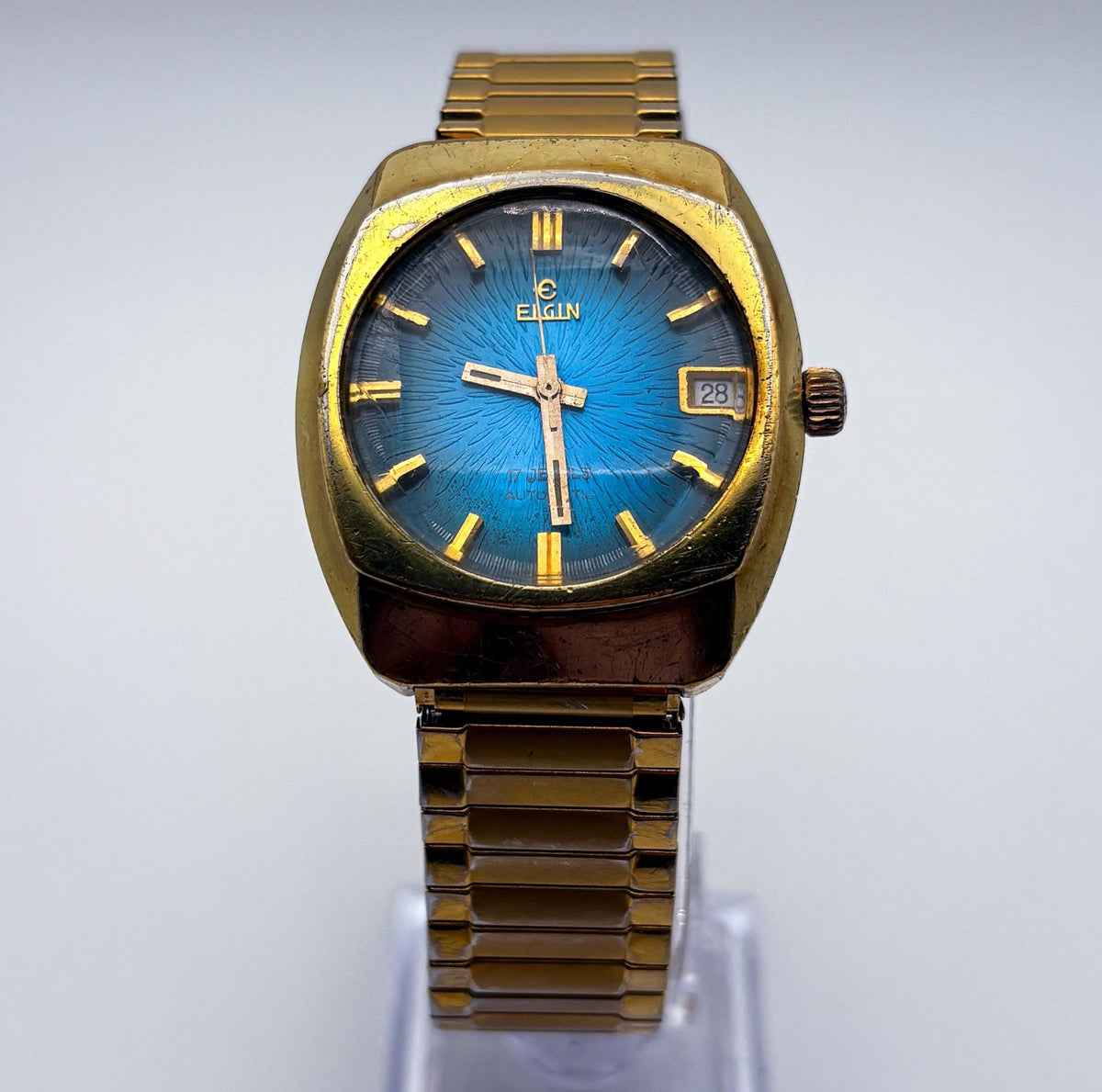 Vintage 1970s Elgin Automatic 17J Cushion Gold Watch Blue Starburst Dial Run