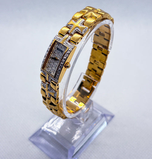 Bulova Ladies Diamond Watch 98R68 Two Tone Cross Link Patterned Dial WORKING