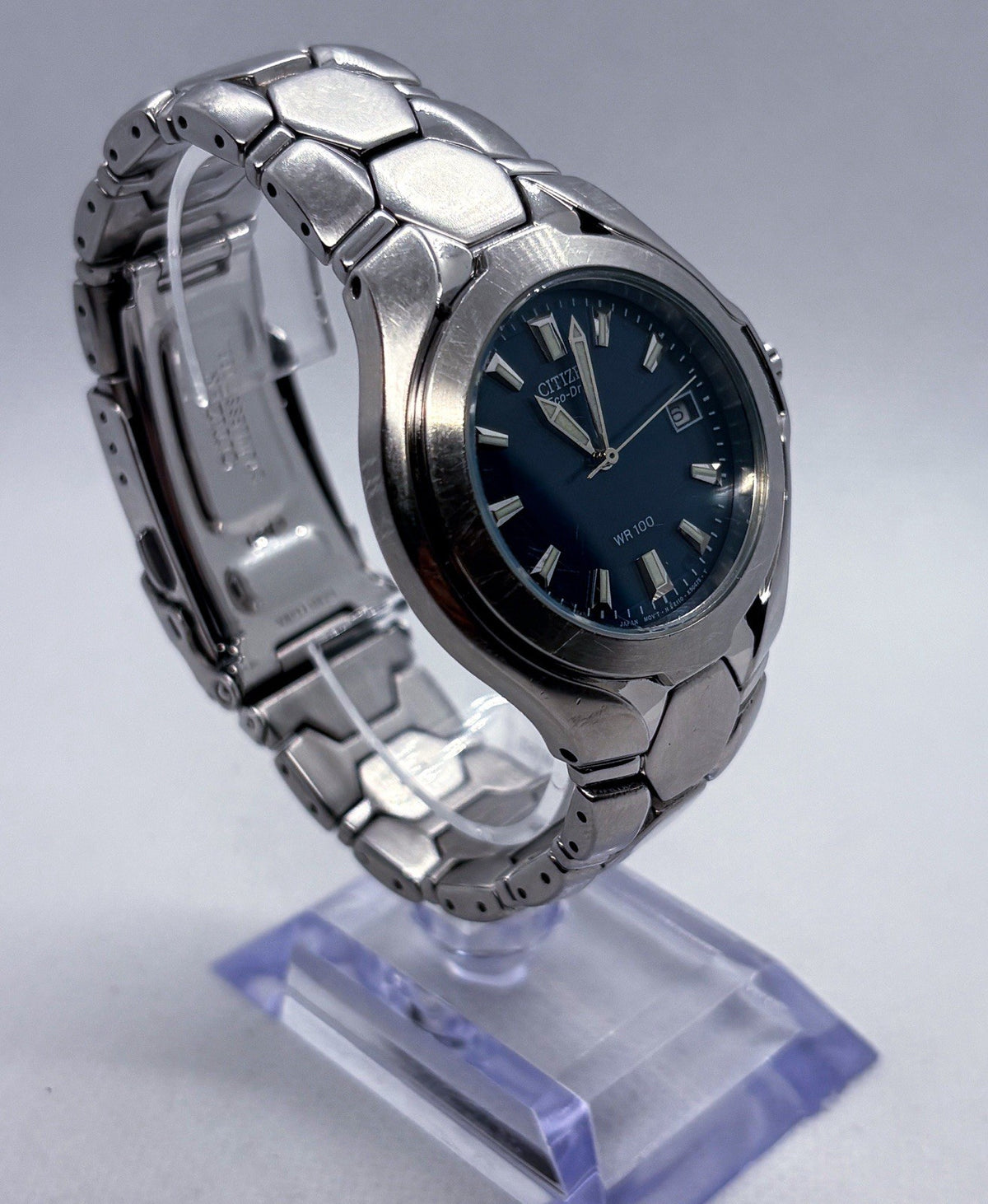 Citizen Eco-Drive E110-K16385 Blue Dial 37mm Hex Link SS Men's Watch 6.5” Wrist