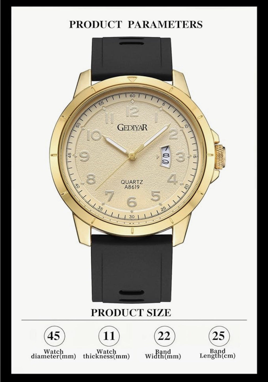 Gediyar Men’s Quartz Watch Gold Case/Dial Black Silicone Band 45mm Case A8619
