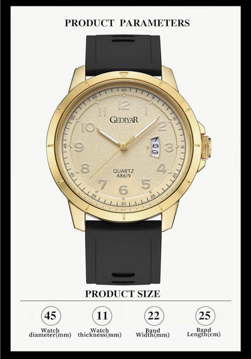 Gediyar Men’s Quartz Watch Gold Case/Dial Black Silicone Band 45mm Case A8619