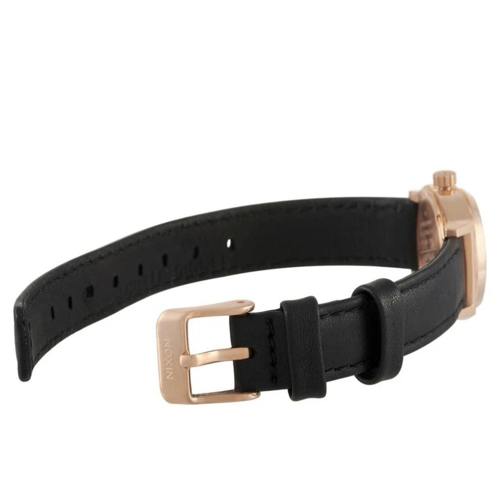 Nixon Women's Small Time Teller Rose Gold-Tone Watch with Black Leather Band New
