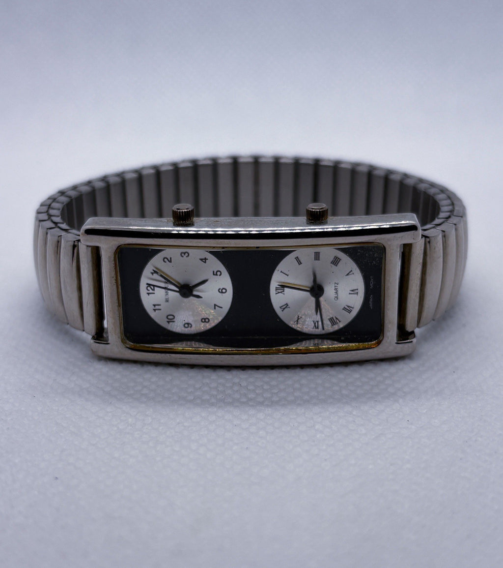 Vintage Rumours 3721 Dual Time Rectangle Women's Watch Silver Stretch Band