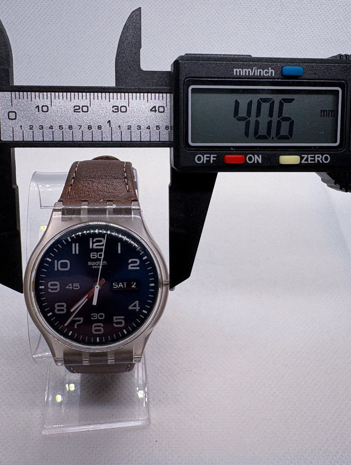 Swatch Originals Daily Friend Quartz Watch 42mm Blue Dial Leather Band SUOK701
