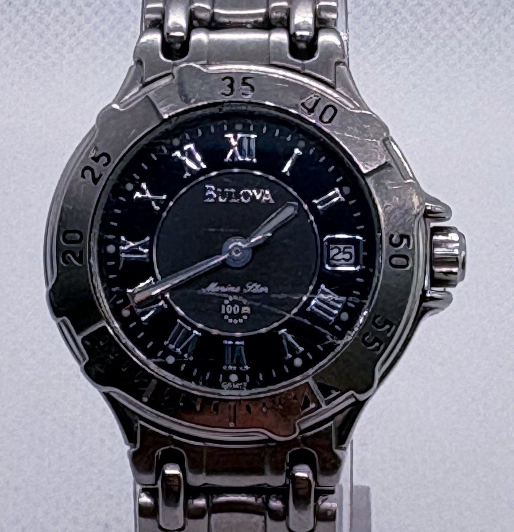 Vintage 1999 Bulova Marine Star 96M24 Ladies 25mm Diver Watch Black Roman Works