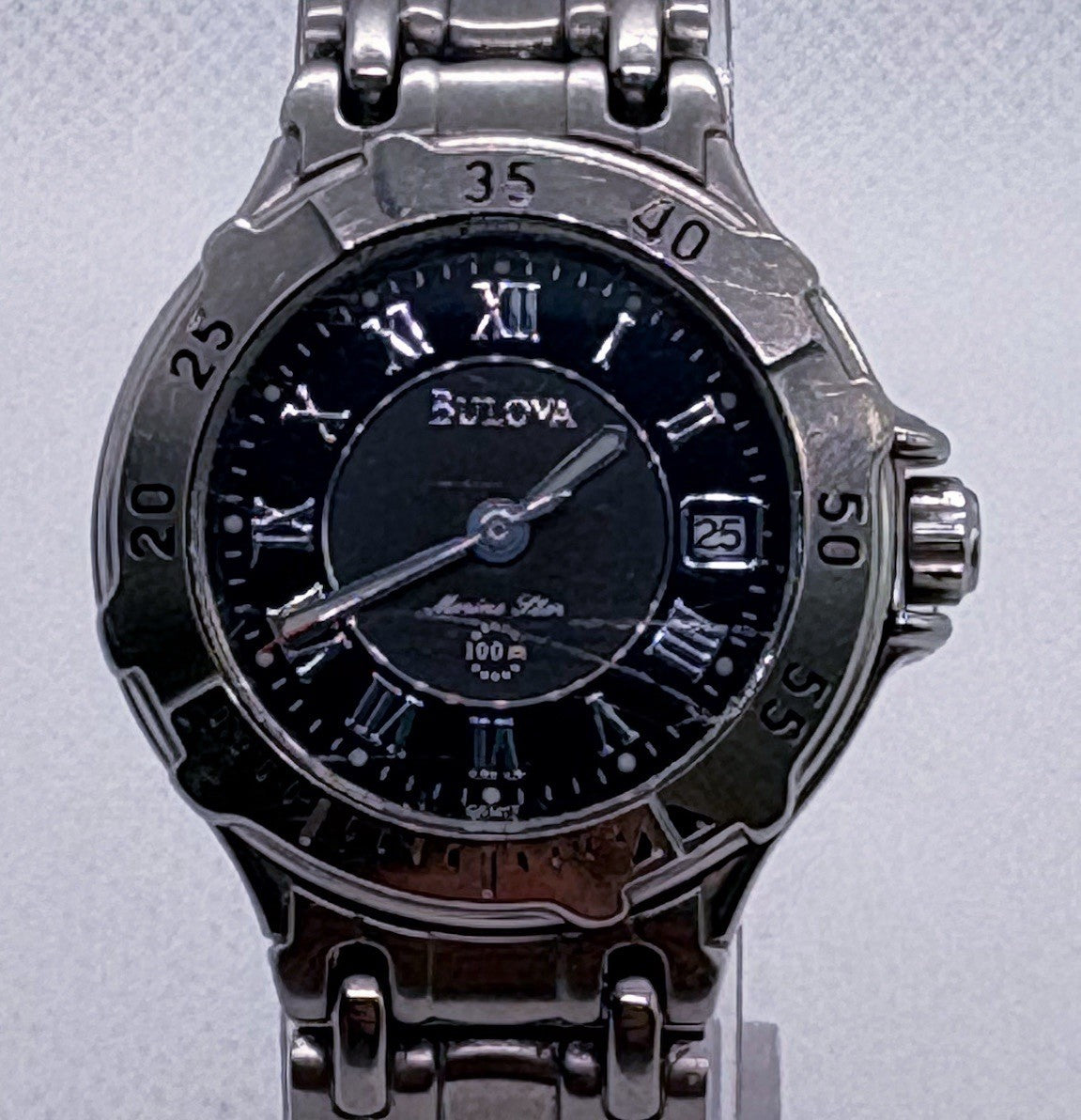 Vintage 1999 Bulova Marine Star 96M24 Ladies 25mm Diver Watch Black Roman Works