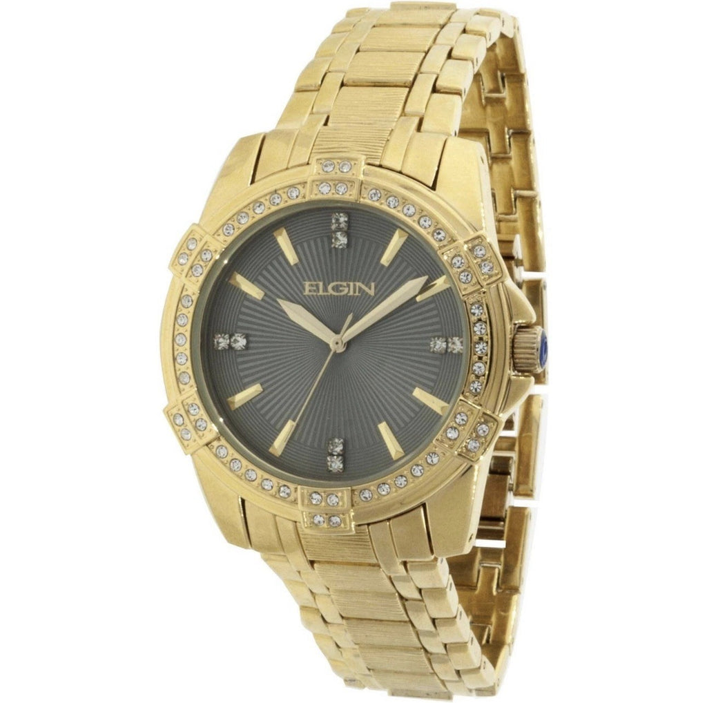 Elgin Men's Watch Bracelet Set Gold Tone with 54 Crystals Gem Bezel FG10009ST