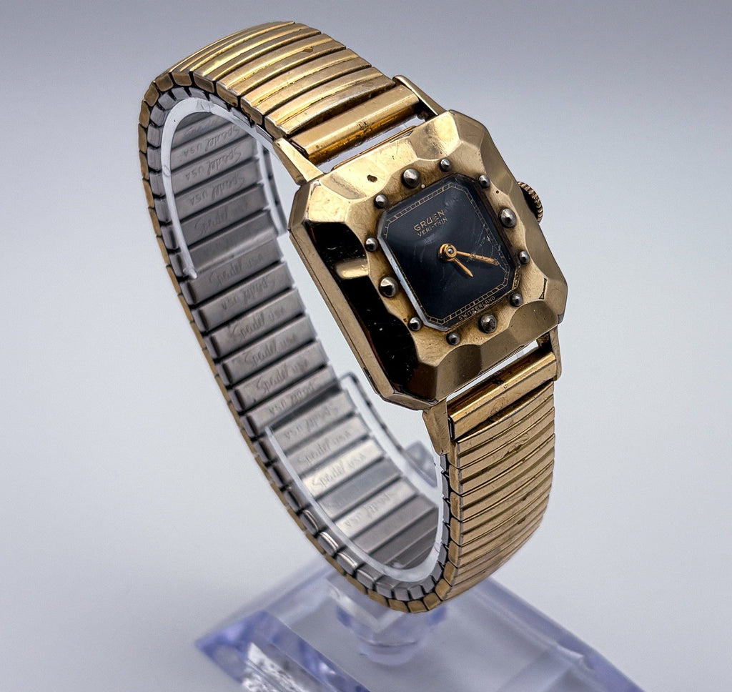 Vintage 1950 Gruen Veri-Thin 10K Gold Filled Faceted Bezel Black Gilt Mens Watch