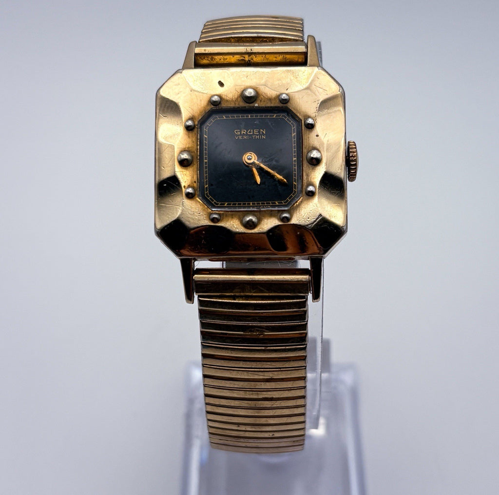 Vintage 1950 Gruen Veri-Thin 10K Gold Filled Faceted Bezel Black Gilt Mens Watch