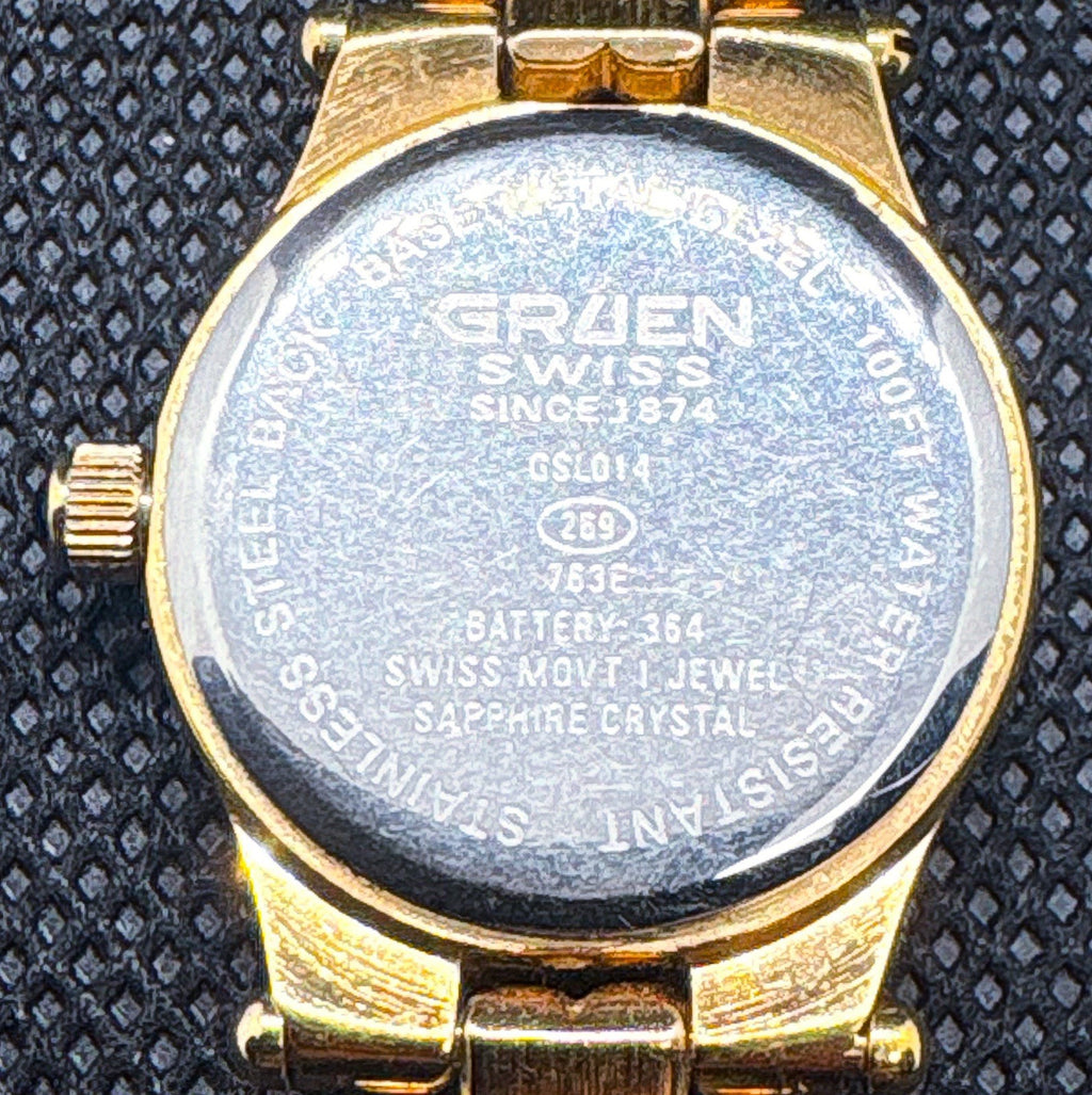 Vintage 1990s Gruen Swiss GSL014 Crystal Accent Dial 22mm Gold Tone Ladies Watch