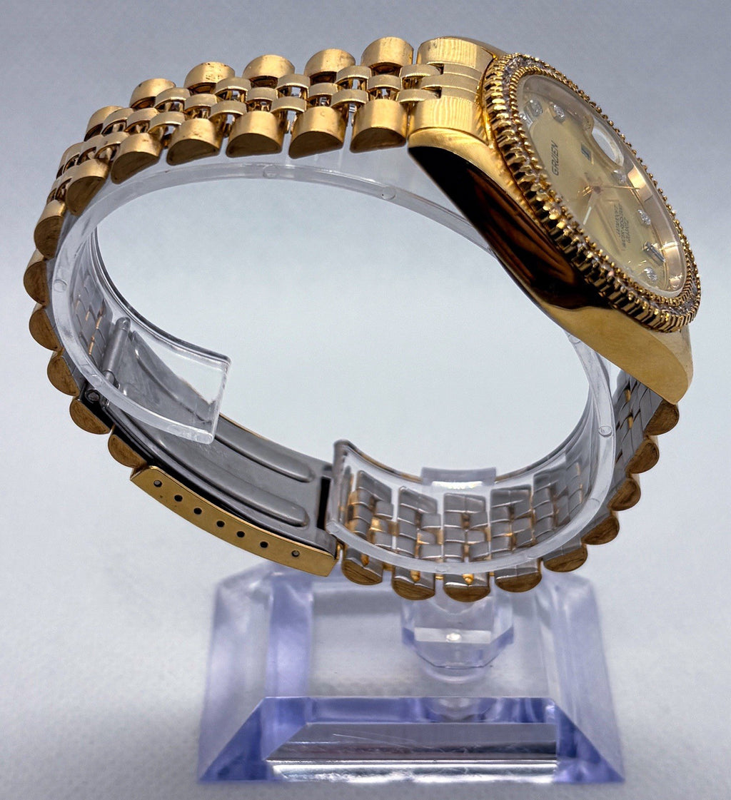 Vintage Gruen President Day Date Quartz Gold Tone Iced Bezel Crystal Men's Watch
