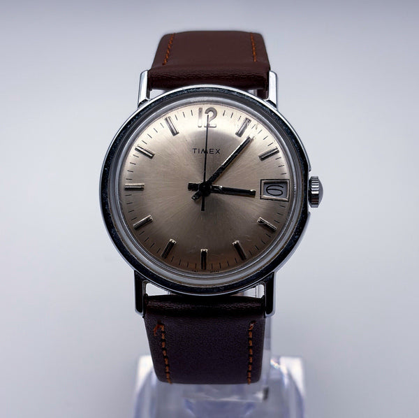 Vintage Timex Marlin Mechanical Manual Wind Date 34mm Silver Sunburst Watch