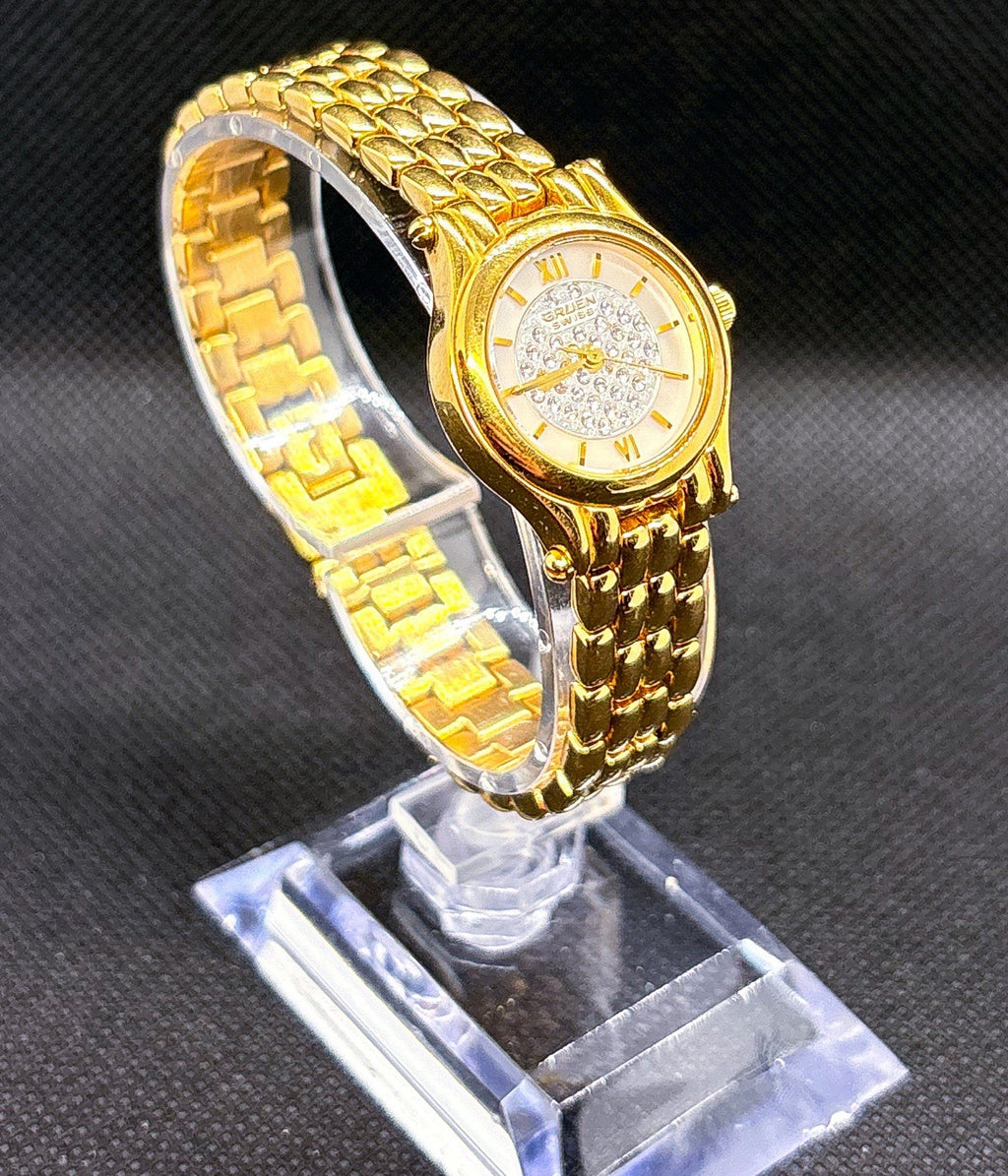 Vintage 1990s Gruen Swiss GSL014 Crystal Accent Dial 22mm Gold Tone Ladies Watch