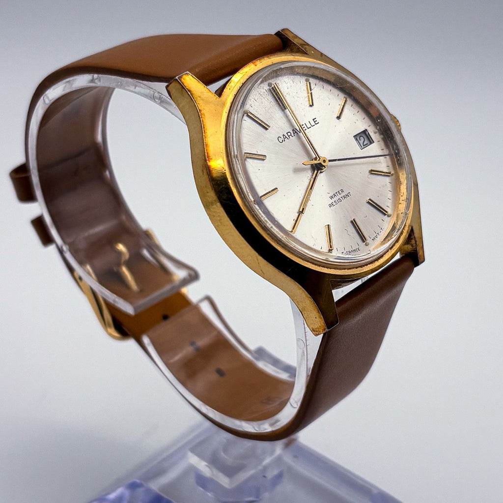 Vintage 1978 Caravelle N8 Mechanical 34mm Mens Gold Watch Silver Sunburst Date