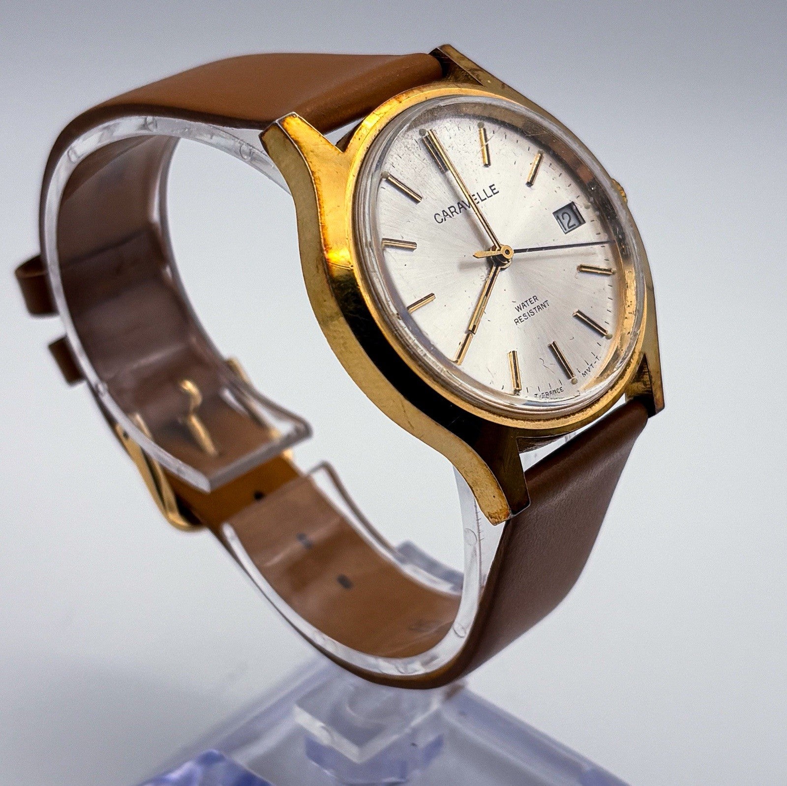 Vintage 1978 Caravelle N8 Mechanical 34mm Mens Gold Watch Silver Sunburst Date