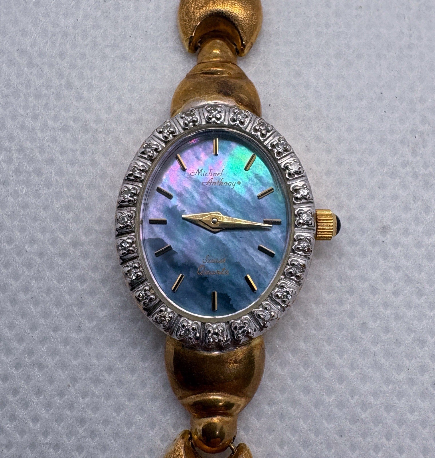 Vintage Michael Anthony 14K Gold Diamond Watch Abalone Dial Swiss Quartz 16.4g